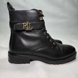 Ralph Lauren Eldridge Black Polished Leather Combat Boot Size 8 Y2k Grunge Rock